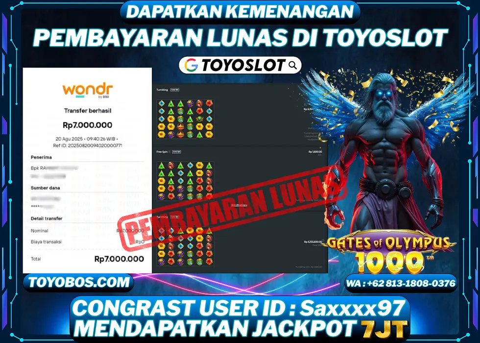 TOYOSLOT - BUKTI KEMENANGAN Gates Of Olympus x1000 Rp7,000,000,- LUNAS